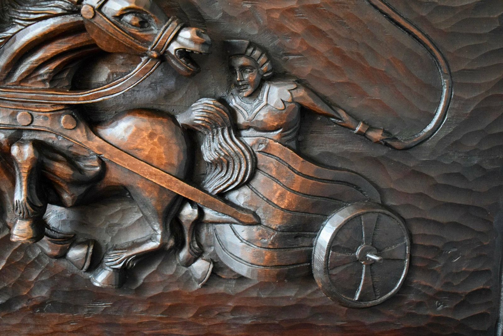 Antique French Large Hand Carved Wood Wall Panel Of Horses Chariot photo for sale