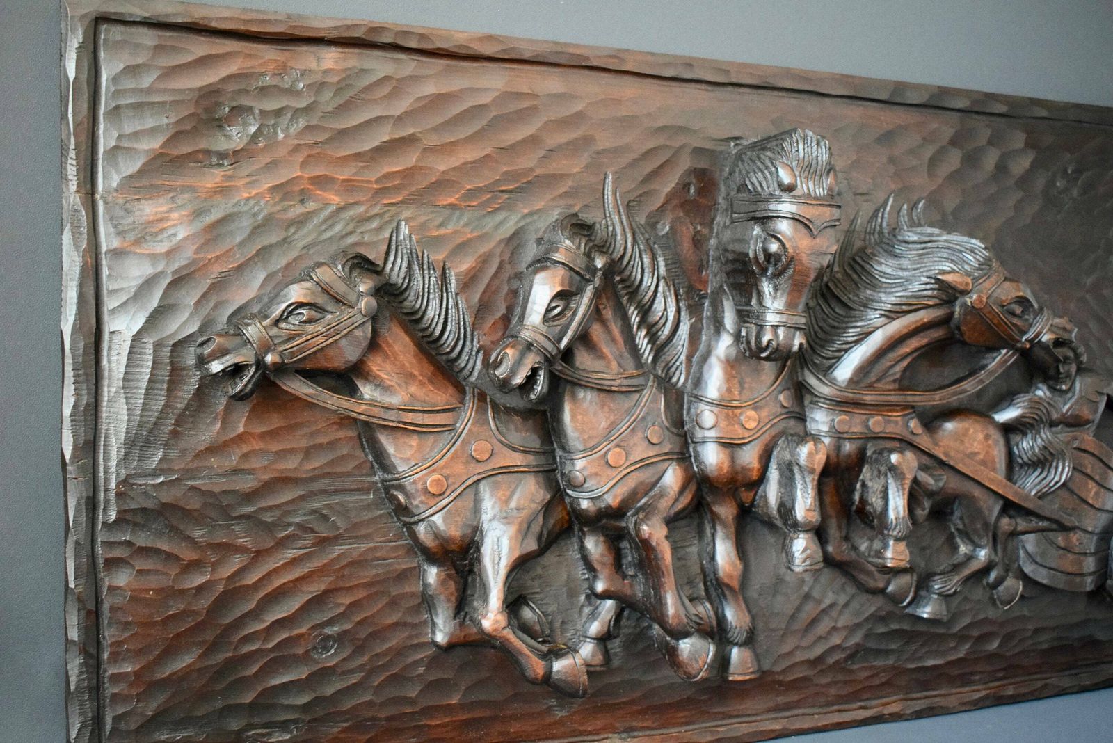 Antique French Large Hand Carved Wood Wall Panel Of Horses Chariot photo Art