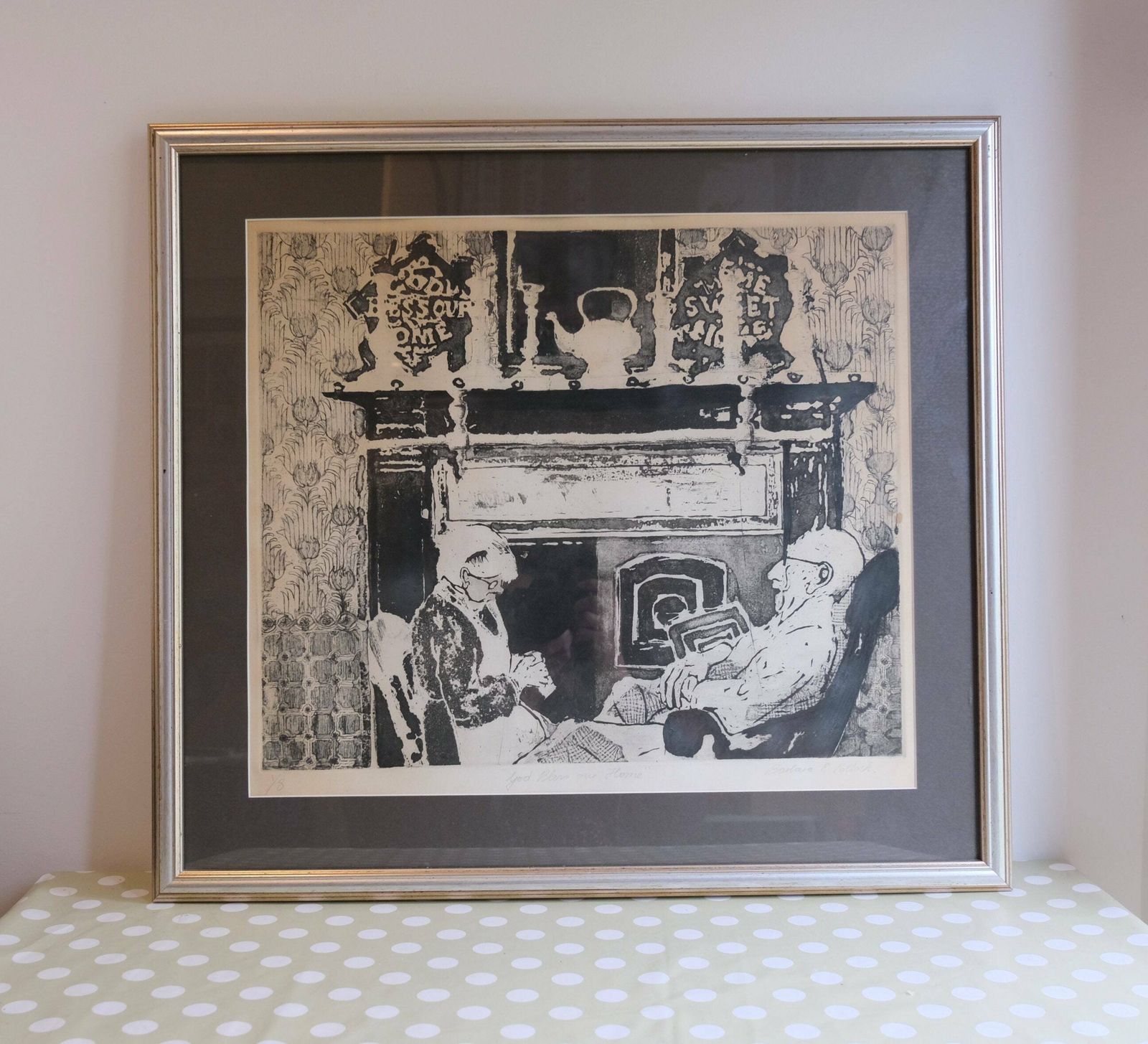 Original Limited Edition Etching | "God Bless Our Home" | Elderly Couple Fireside | Vintage Framed Print | New Home Gift photo furniture