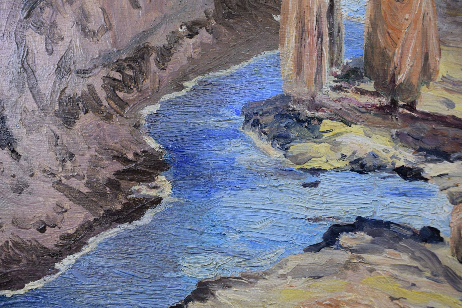 French Orientalist Oil Painting On Panel Signed Roufanche, Maghreb Oasis Painting photo for sale