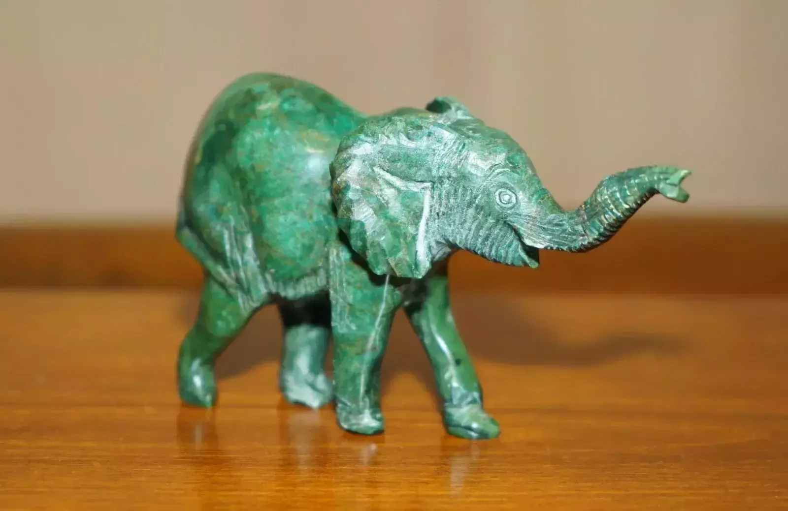 Stunning Hand Carved Malachite Statue Of An Elephant With Raised Trunk Good Luck
