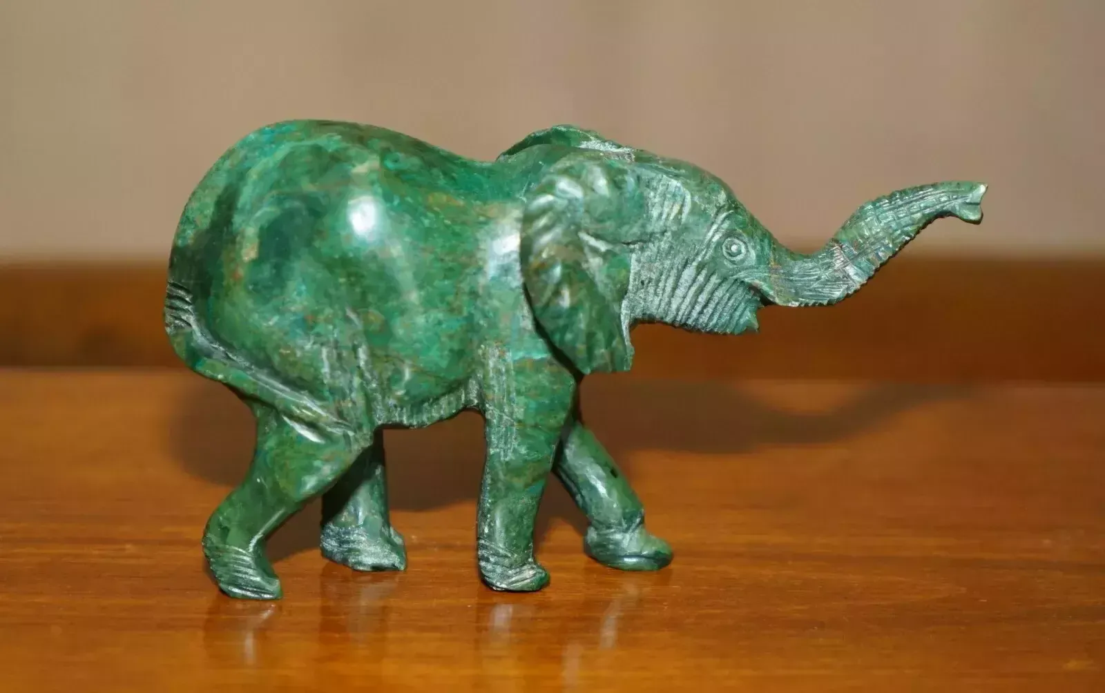Stunning Hand Carved Malachite Statue Of An Elephant With Raised Trunk Good Luck photo for sale