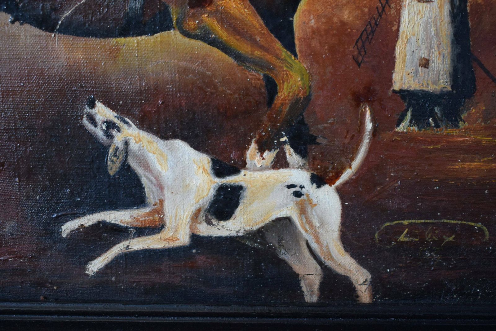Antique French Oil Painting On Canvas Hunting Picture Hunter Horse And Hunting Dog Framed photo furniture