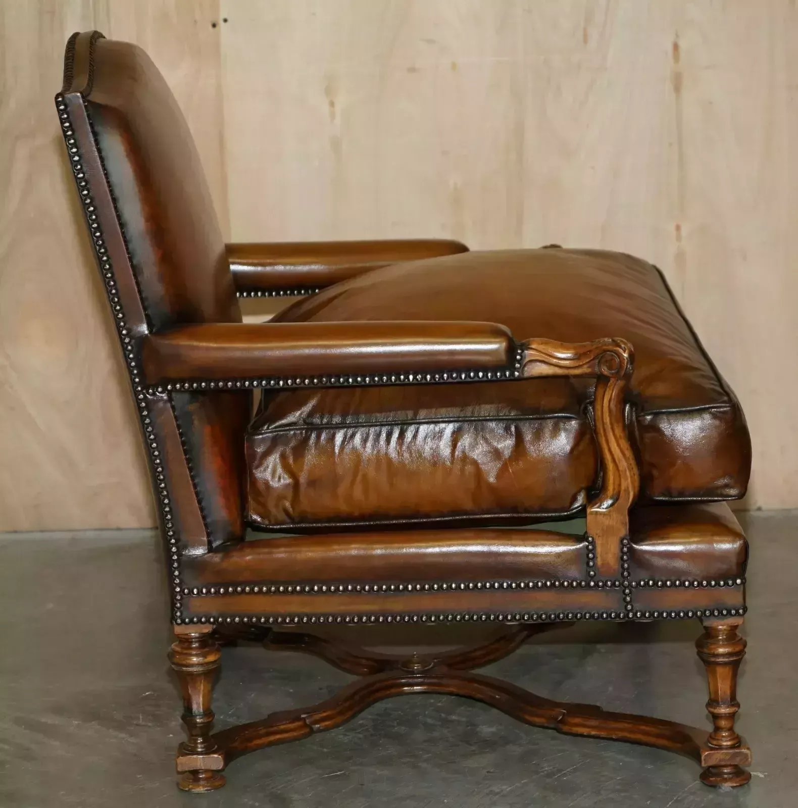 photo for sale Lovely Pair Of Hand Dyed Cigar Brown Leather Library Armchairs With Ottoman