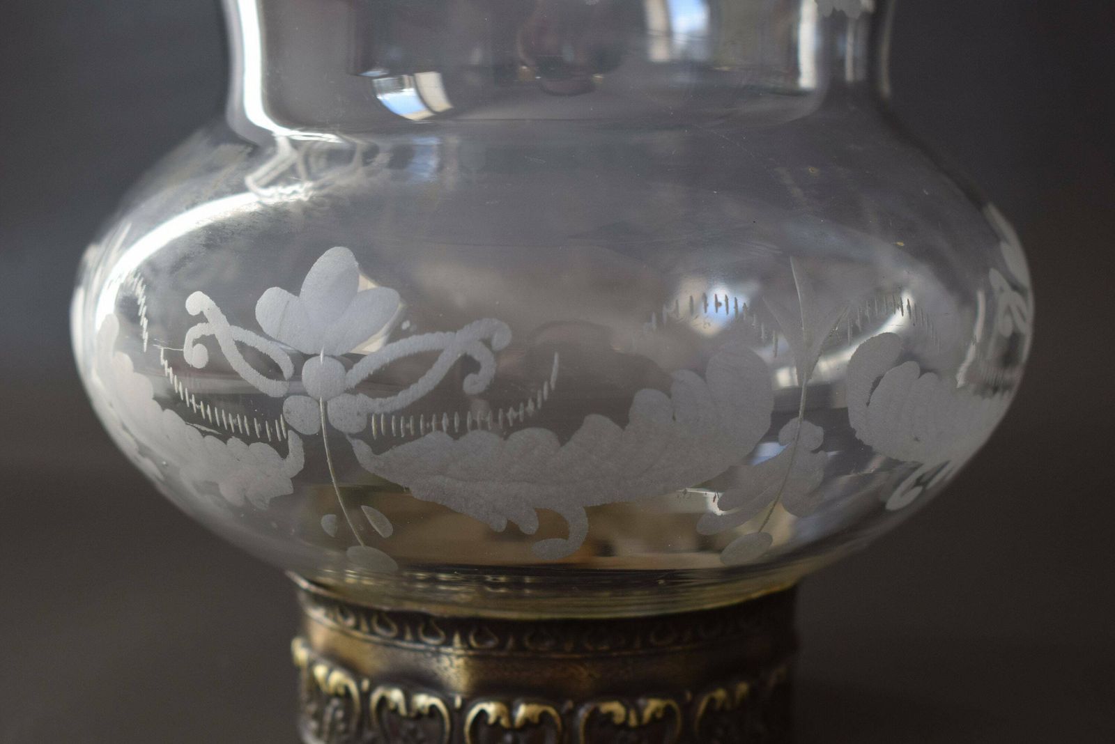 Large Antique French Cut Crystal Wheel Engraving Glass Lamp Shade With Brass Mount photo furniture