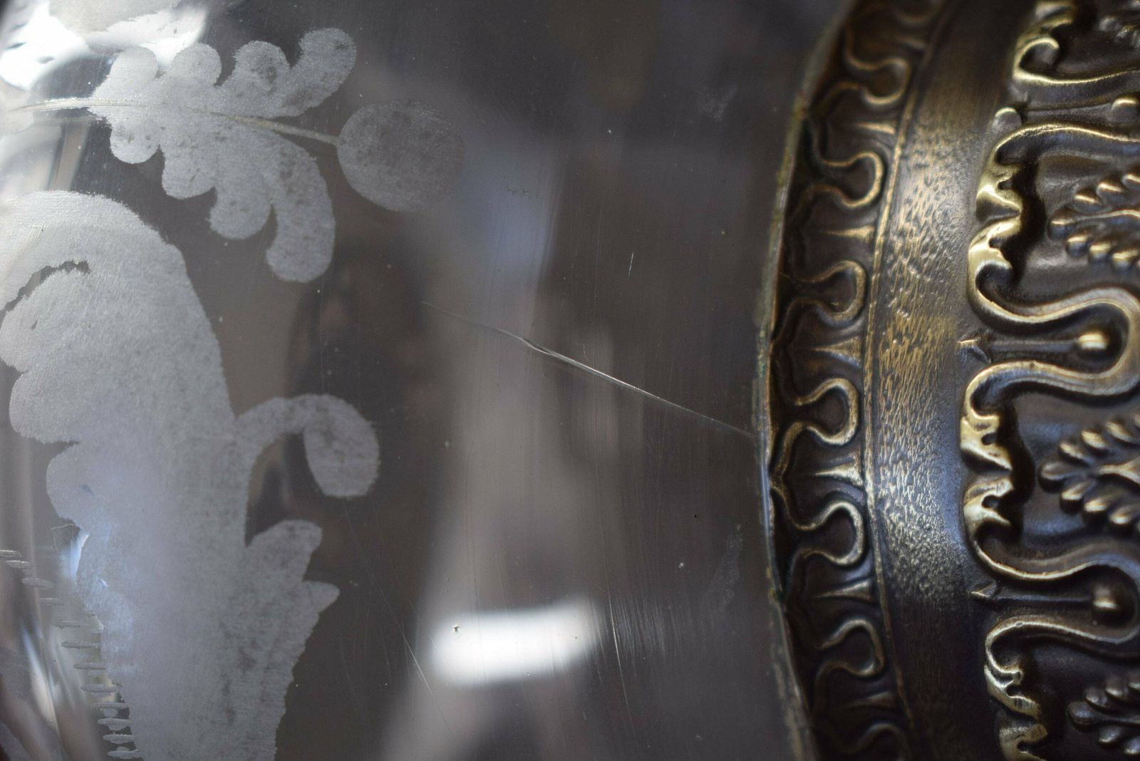 photo for sale Large Antique French Cut Crystal Wheel Engraving Glass Lamp Shade With Brass Mount