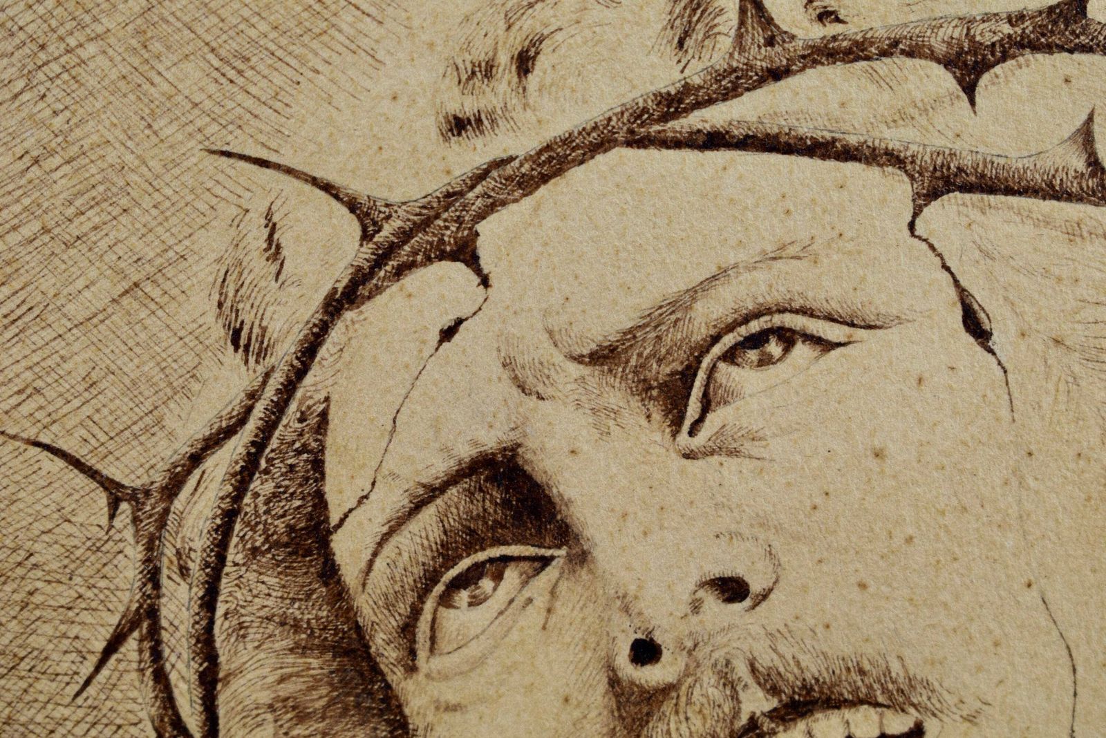 Antique French Religious Ink Drawing On Paper Of Jesus Christ Portrait , Jesus On The Cross photo Art