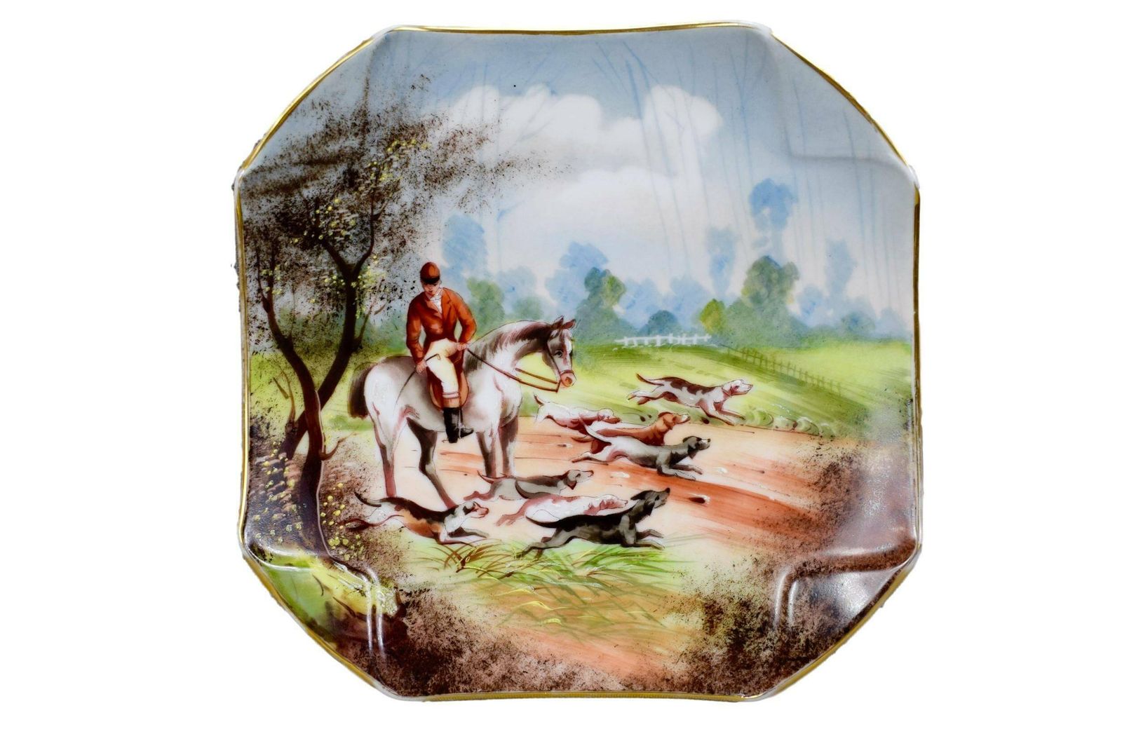 French Antique 19th.C Hand Painted Paris Porcelain Wall Plate, Hunting With Hounds Theme Wall Plate, Horse Dogs Hunting With Hounds