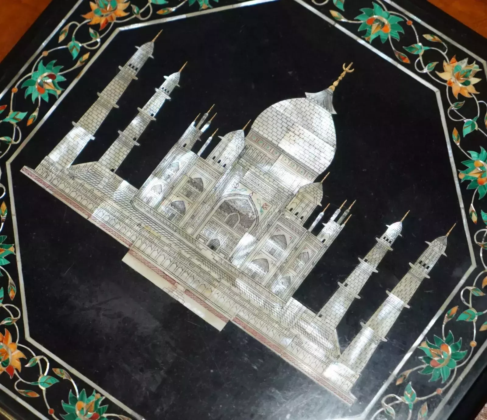 Exquisite Pietra Dura Marble & Mother Of Pearl Table Top Depicting The Taj Mahal photo for sale