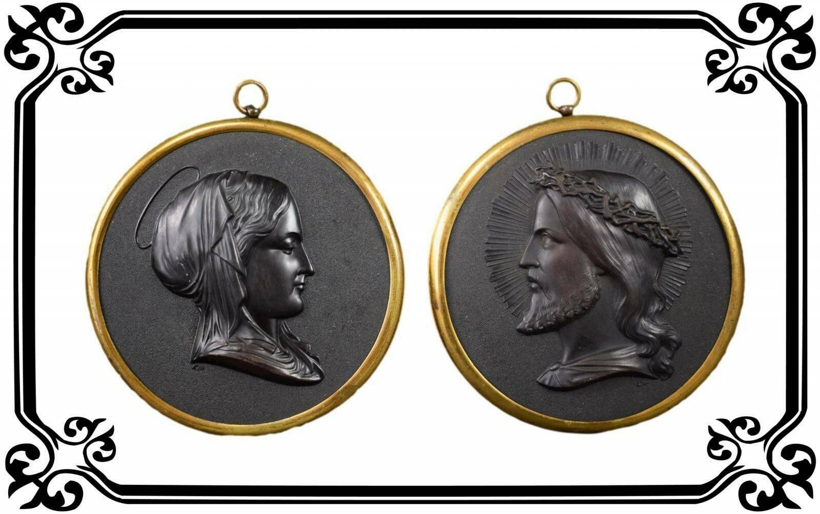 French Antique Pair Of Religious Medallions Hardened Wood 19th