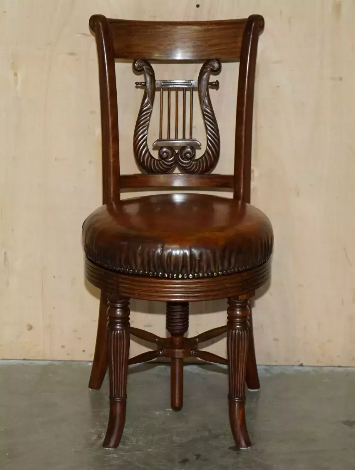 Exquisite Solid Mahogany Brown Leather Antique Musicians Chair Height Adjustable photo for sale