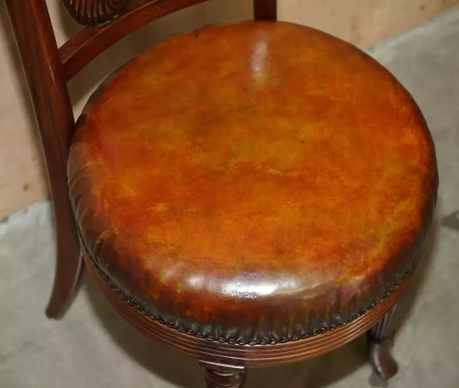 Exquisite Solid Mahogany Brown Leather Antique Musicians Chair Height Adjustable photo buy