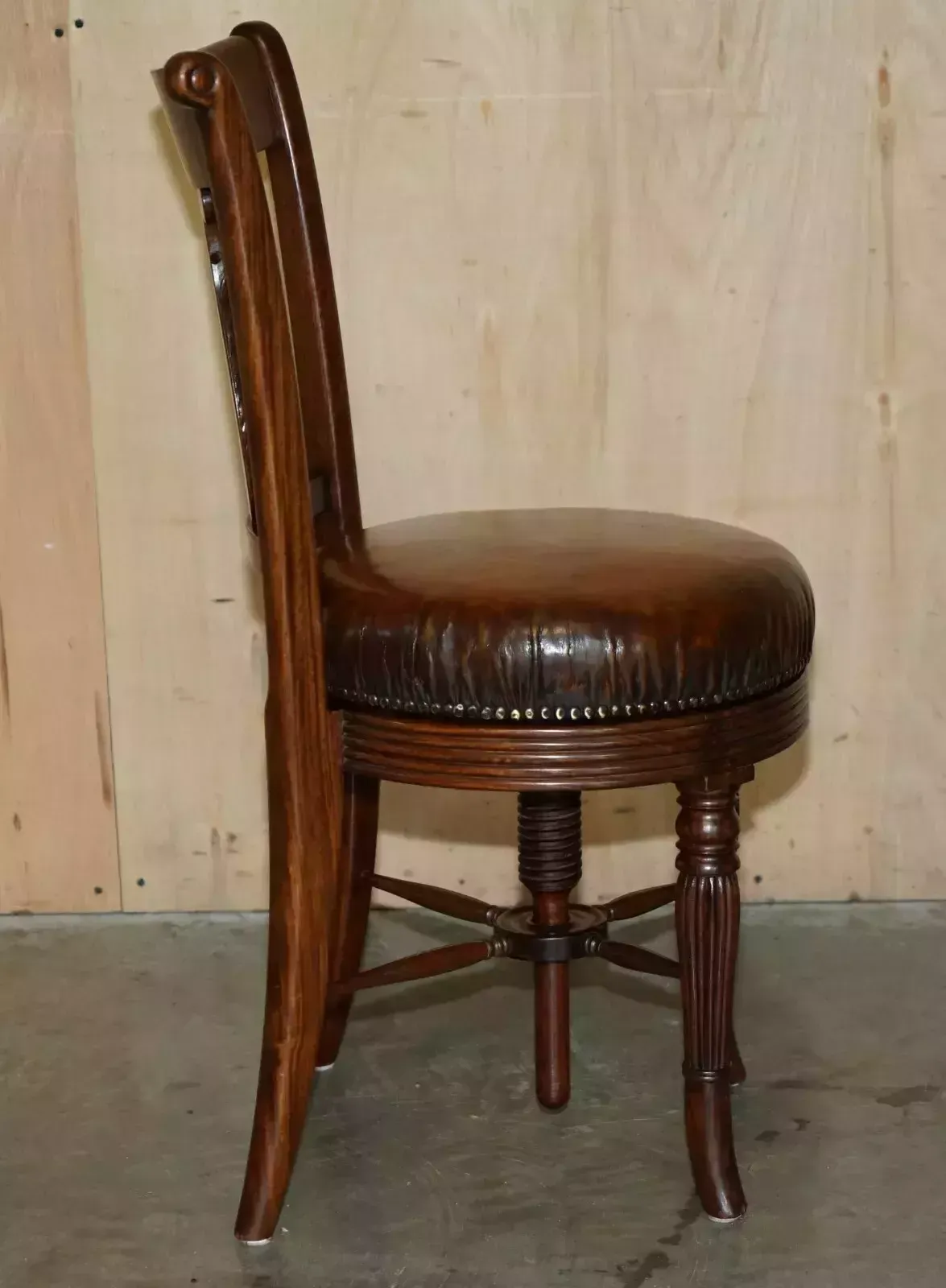 photo for sale Exquisite Solid Mahogany Brown Leather Antique Musicians Chair Height Adjustable