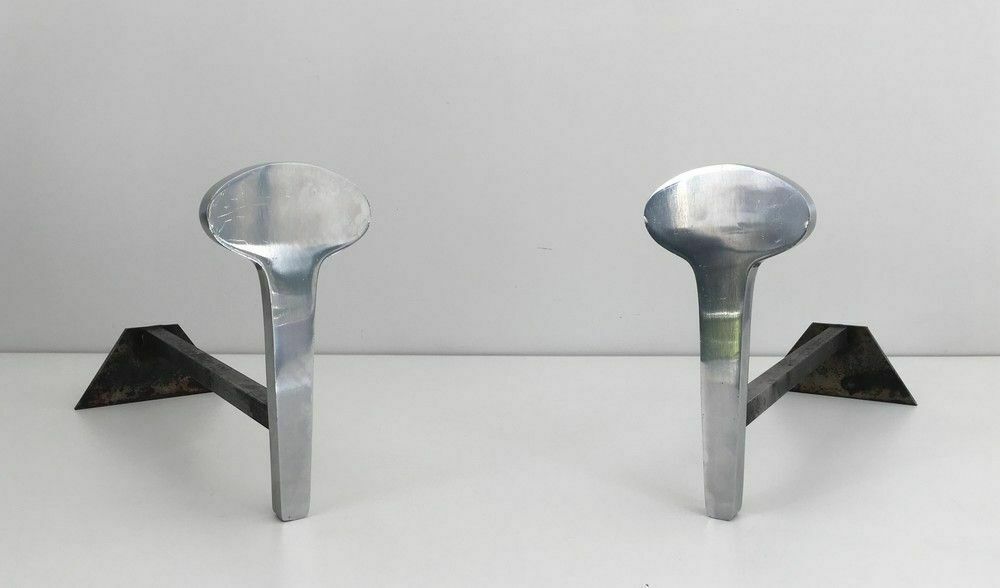 Pair Of Modernist Andirons In Chromed Steel And Wrought Iron photo furniture