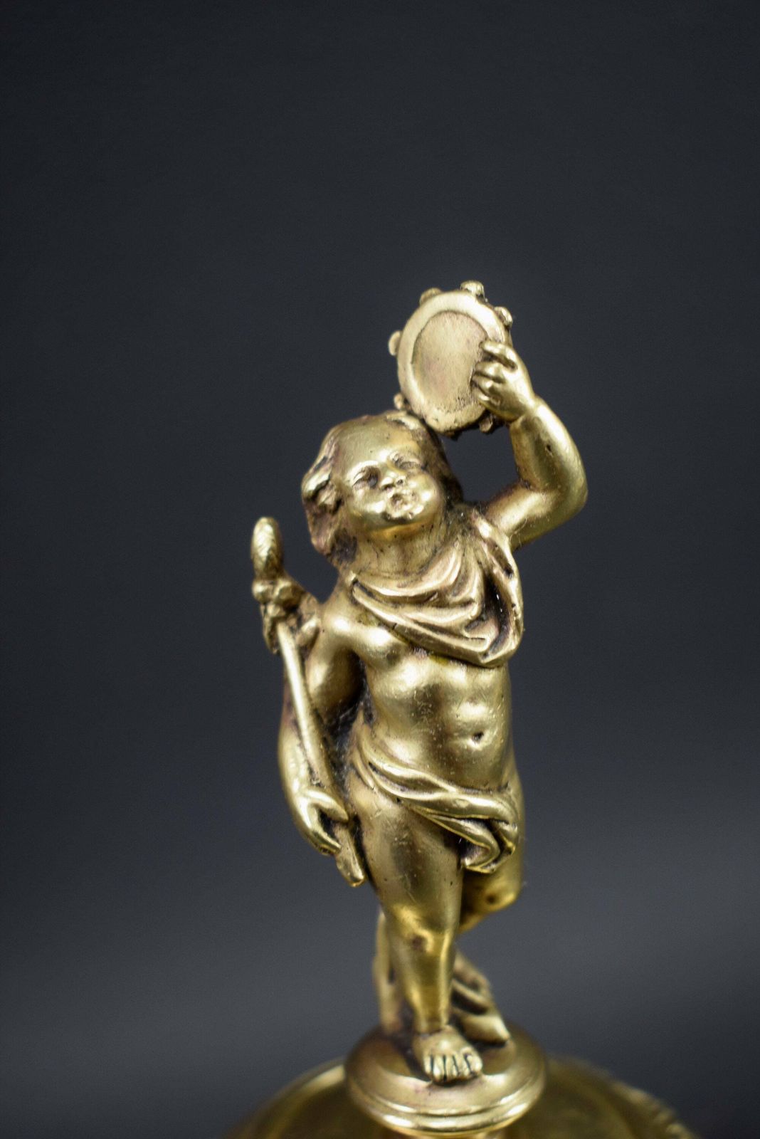 Vintage French Bronze Table Bell Cherubin Musician 19th photo for sale
