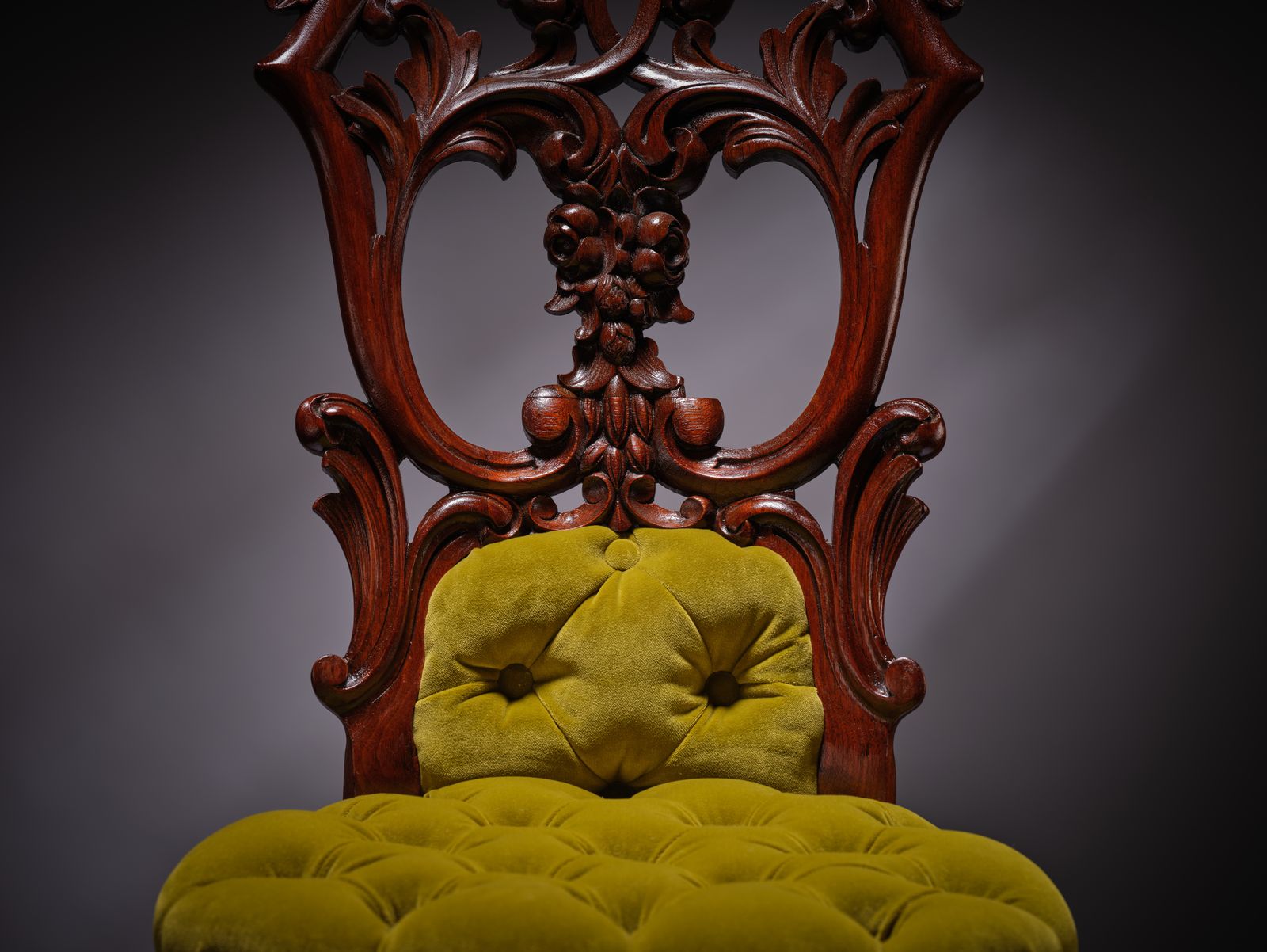 Stunning Ornately Hand Carved Walnut & Mahogany’pistachio Velvet Upholstered Ladies ‘Knicker’ Chair, England Circa 1900’s photo buy