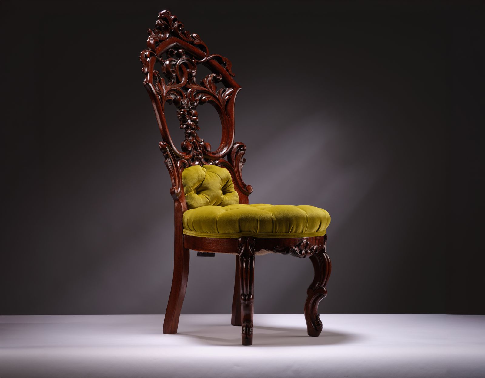 photo furniture Stunning Ornately Hand Carved Walnut & Mahogany’pistachio Velvet Upholstered Ladies ‘Knicker’ Chair, England Circa 1900’s