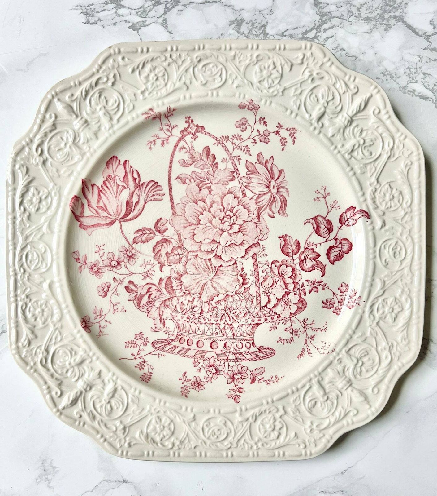 Crown Devon Fieldings Plates Red Transferware Flowers Embossed Creamware Rare Dining Set Victorian Style Square Pink Transfer Naturalist photo for sale