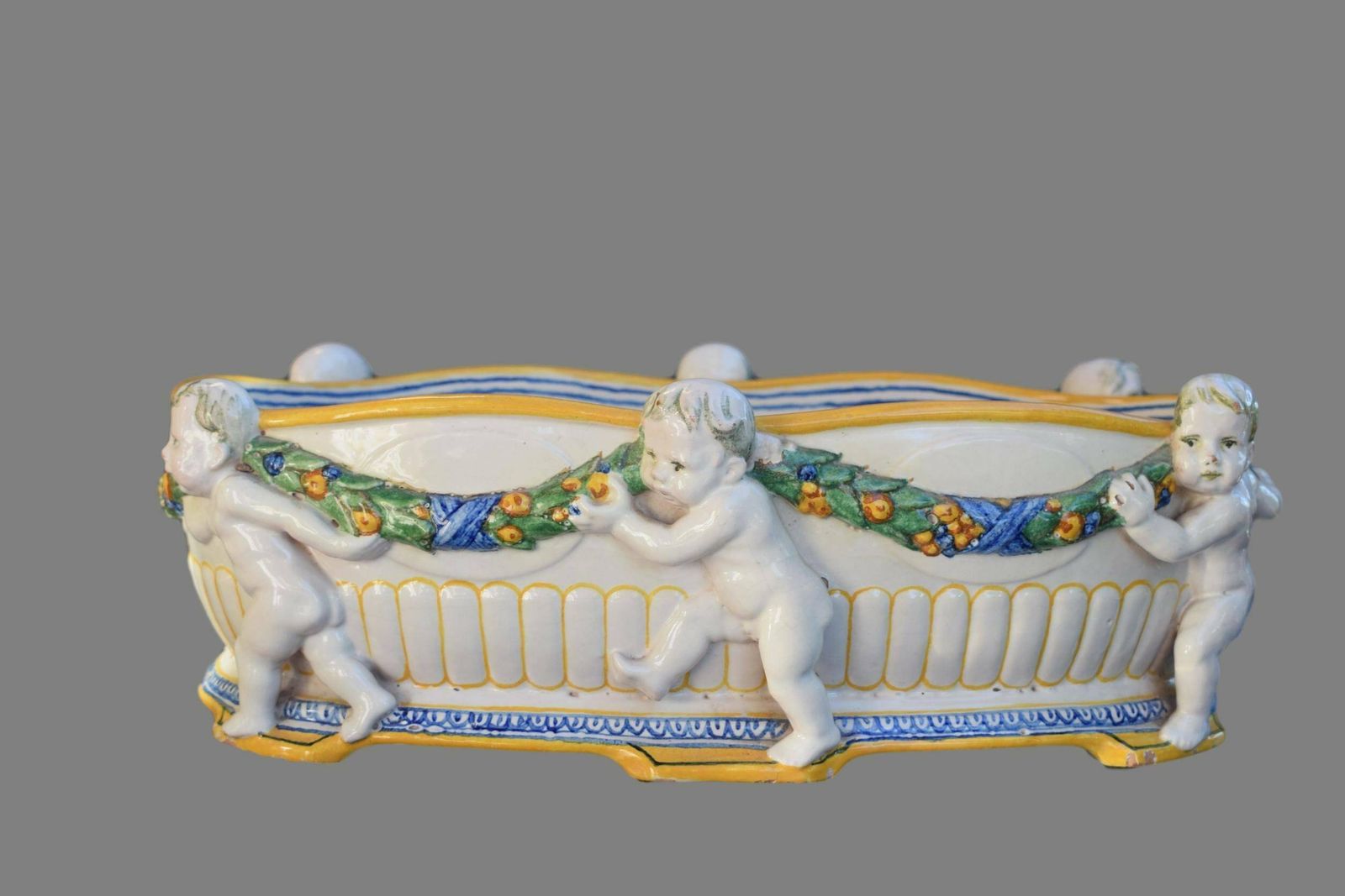 Antique Italian Majolica White Yellow Putto Jardiniere Della Robia Style photo furniture