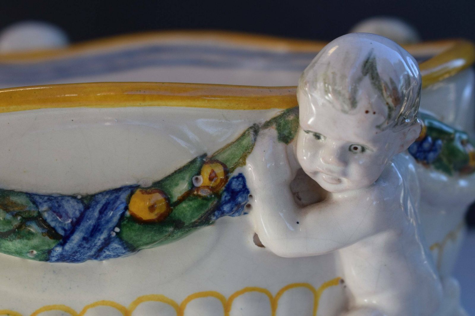 Antique Italian Majolica White Yellow Putto Jardiniere Della Robia Style photo 844.0