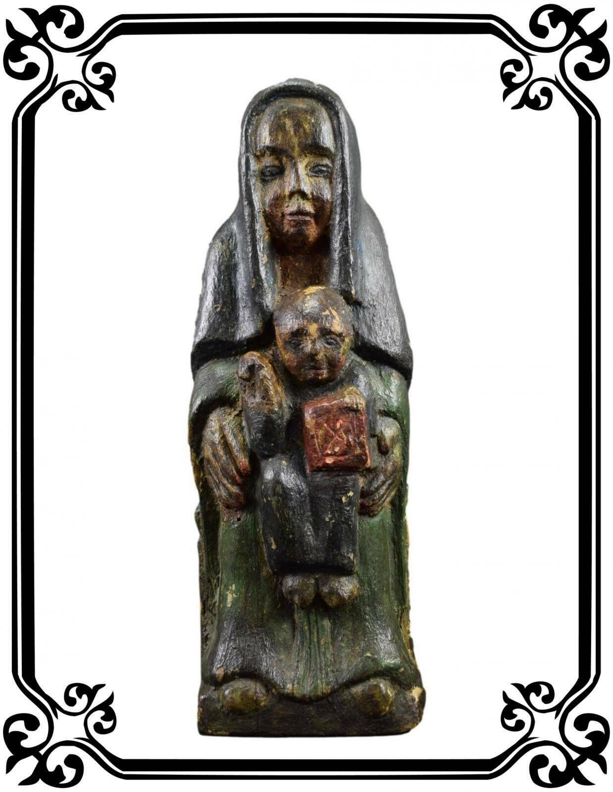 French Antique Religious Virgin Mary Jesus Child Wood Carved Statue Polychromatic 16th