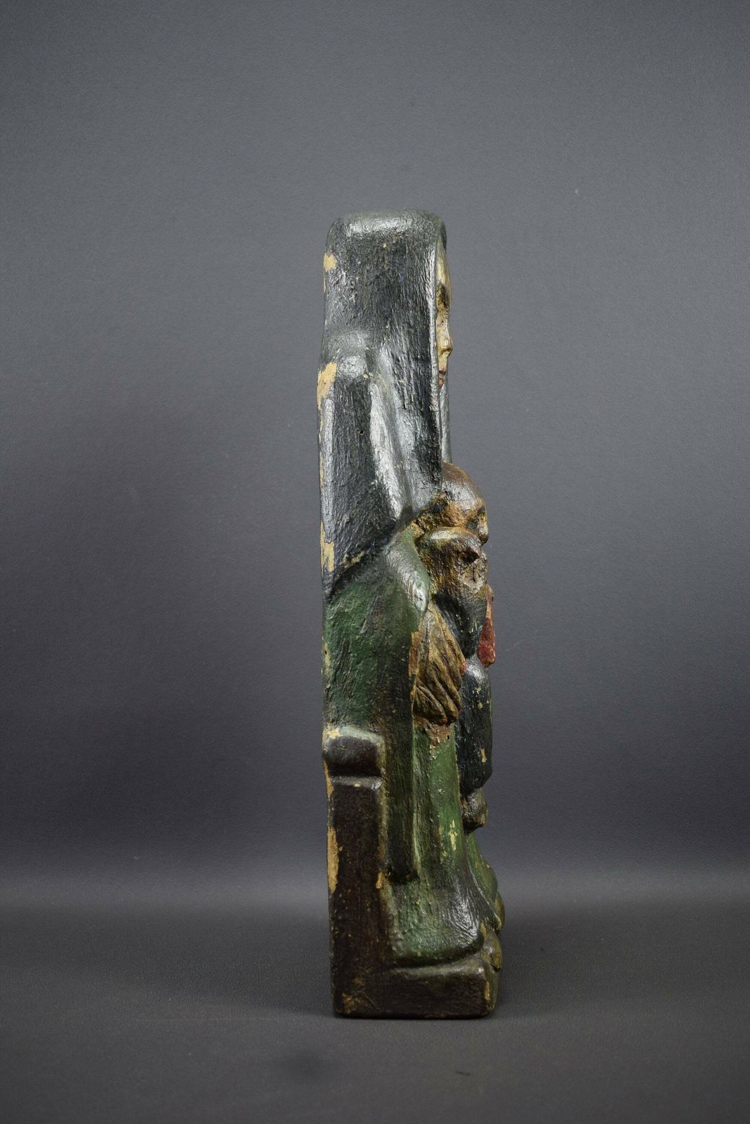 French Antique Religious Virgin Mary Jesus Child Wood Carved Statue Polychromatic 16th photo Art