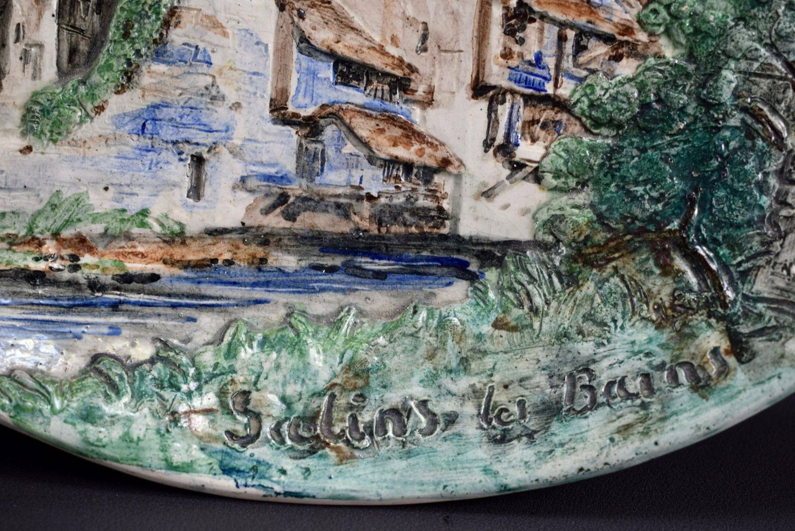 Max Claudet French Antique Hand Painted Terracotta Pottery Wall Plate photo for sale