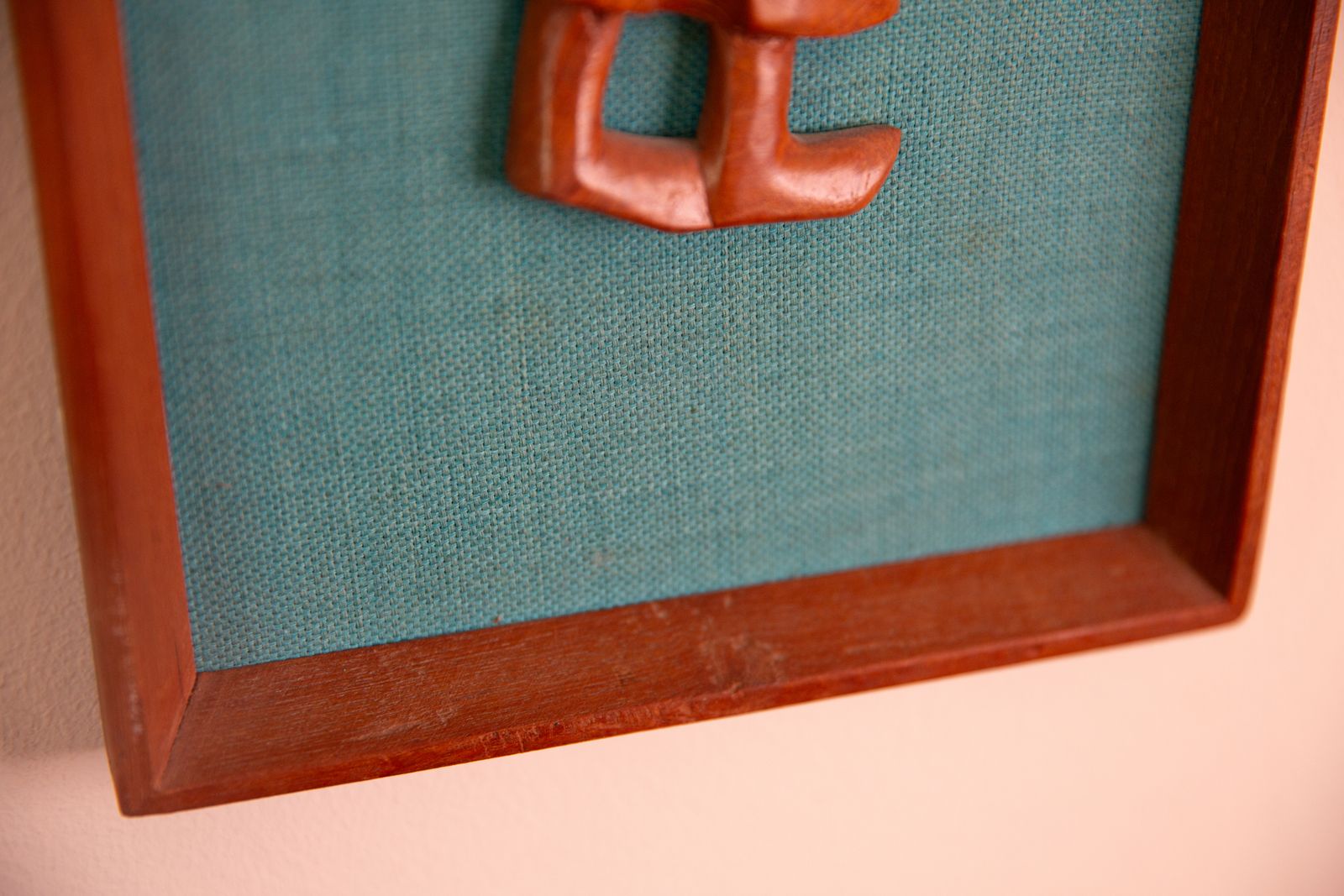Art Pair Of Mid Century South East Asian Hardwood Wall Sculptures On Blue Canvas In Teak Frames photo