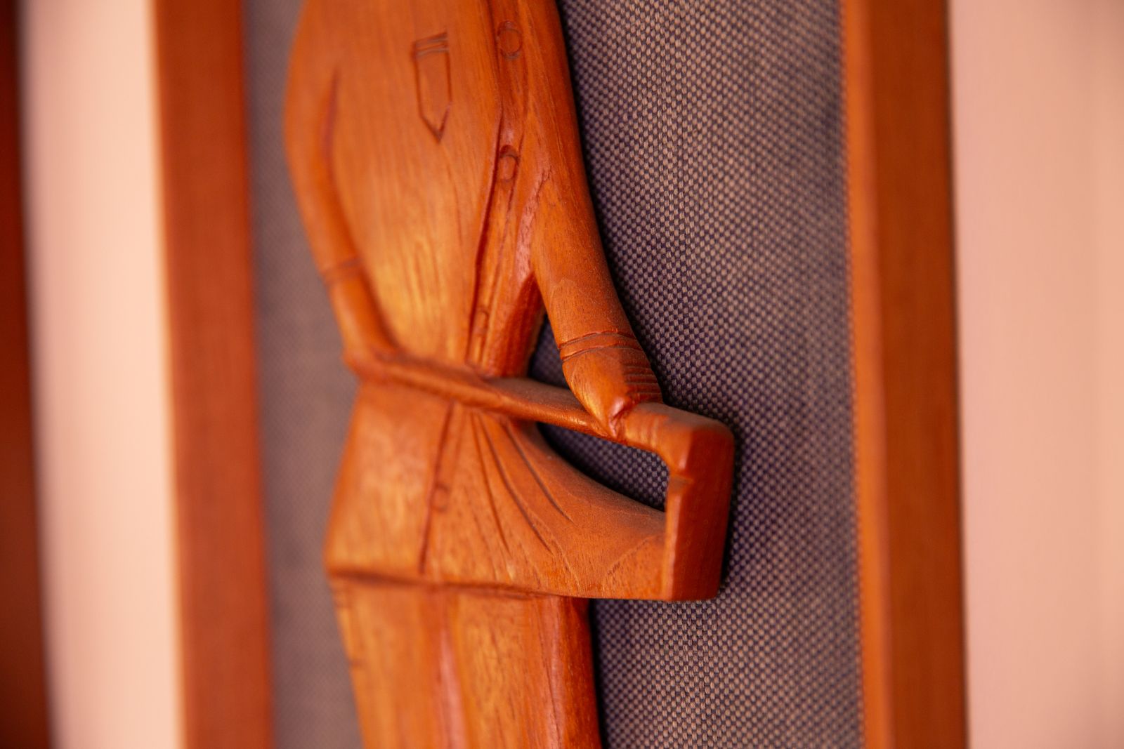 Pair Of Mid Century South East Asian Hardwood Wall Sculptures On Blue Canvas In Teak Frames photo 119.0