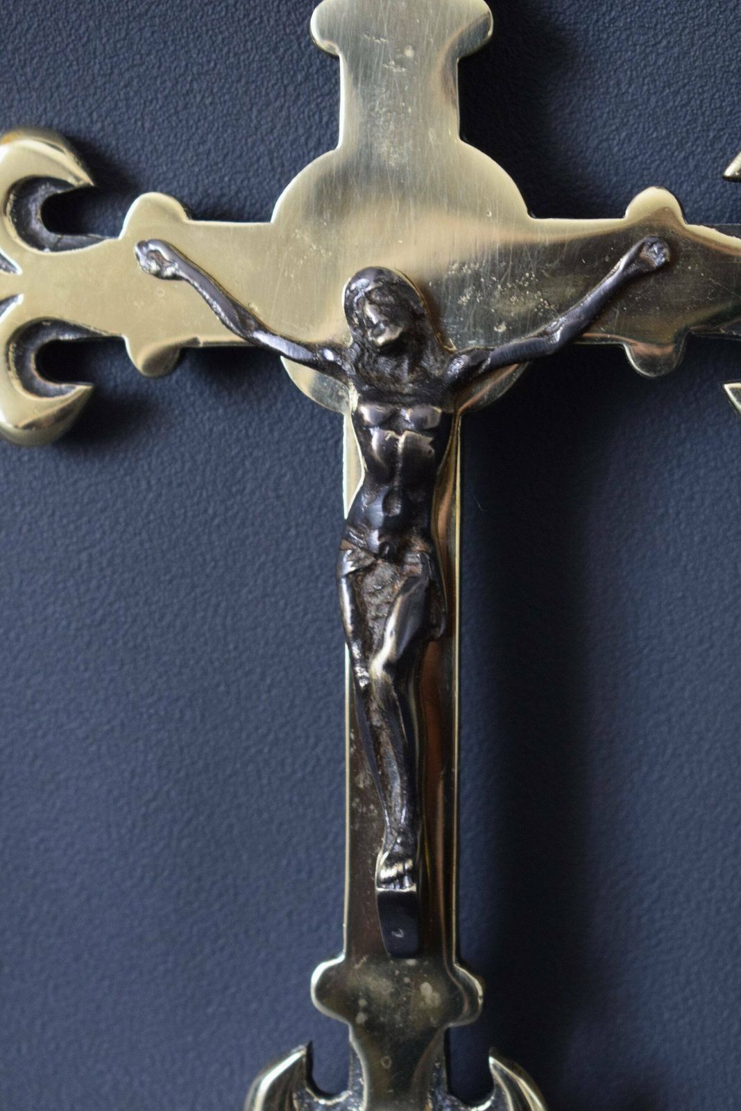 French Antique Bronze And Brass Fleur De Lis Wall Cross Crucifix photo furniture