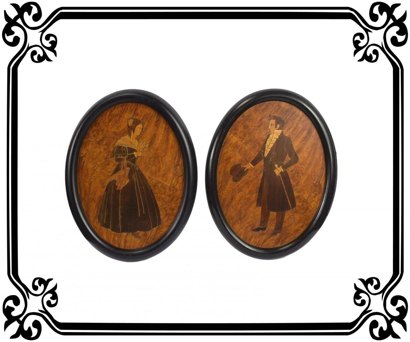 Antique French Pair Of Wooden Marquetry Wall Medallion Noble Lady And Nobleman