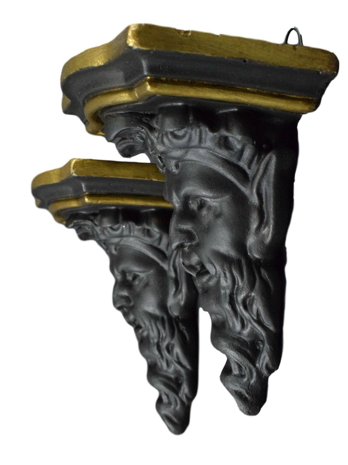 Pair Of French Antique Wall Console Statue Brackets Shelf Black Gold Man Face photo Art