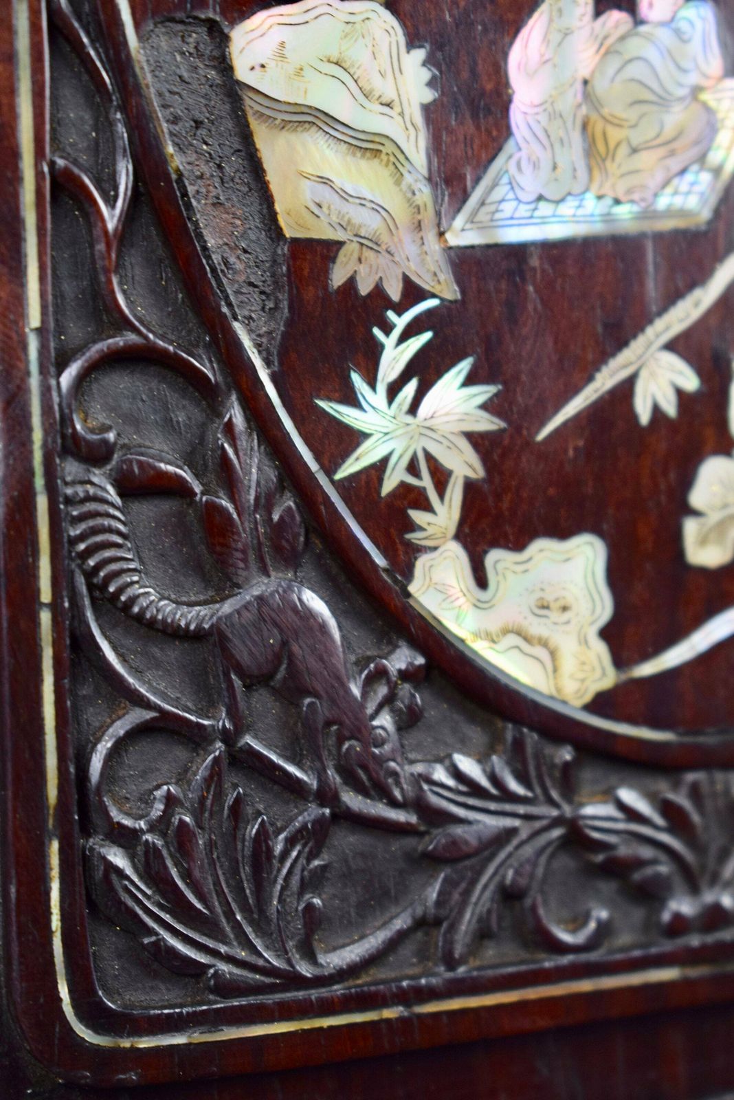 19th Antique Chinese Carved Wood And Mother Of Pearl Inlaid Wall Panel Asian Wood Art Vietnamese photo 275.0