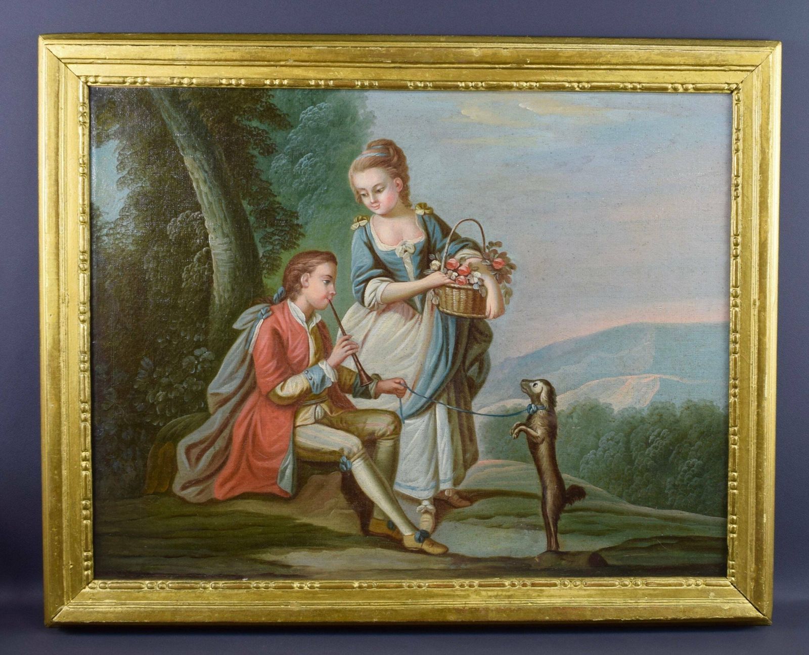 French Antique Tableau Oil Painting On Canvas 18th Dog Trainer