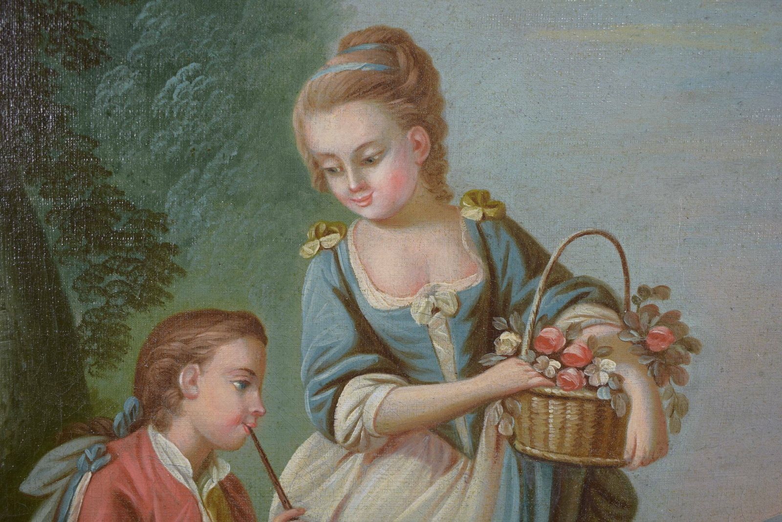 French Antique Tableau Oil Painting On Canvas 18th Dog Trainer photo for sale