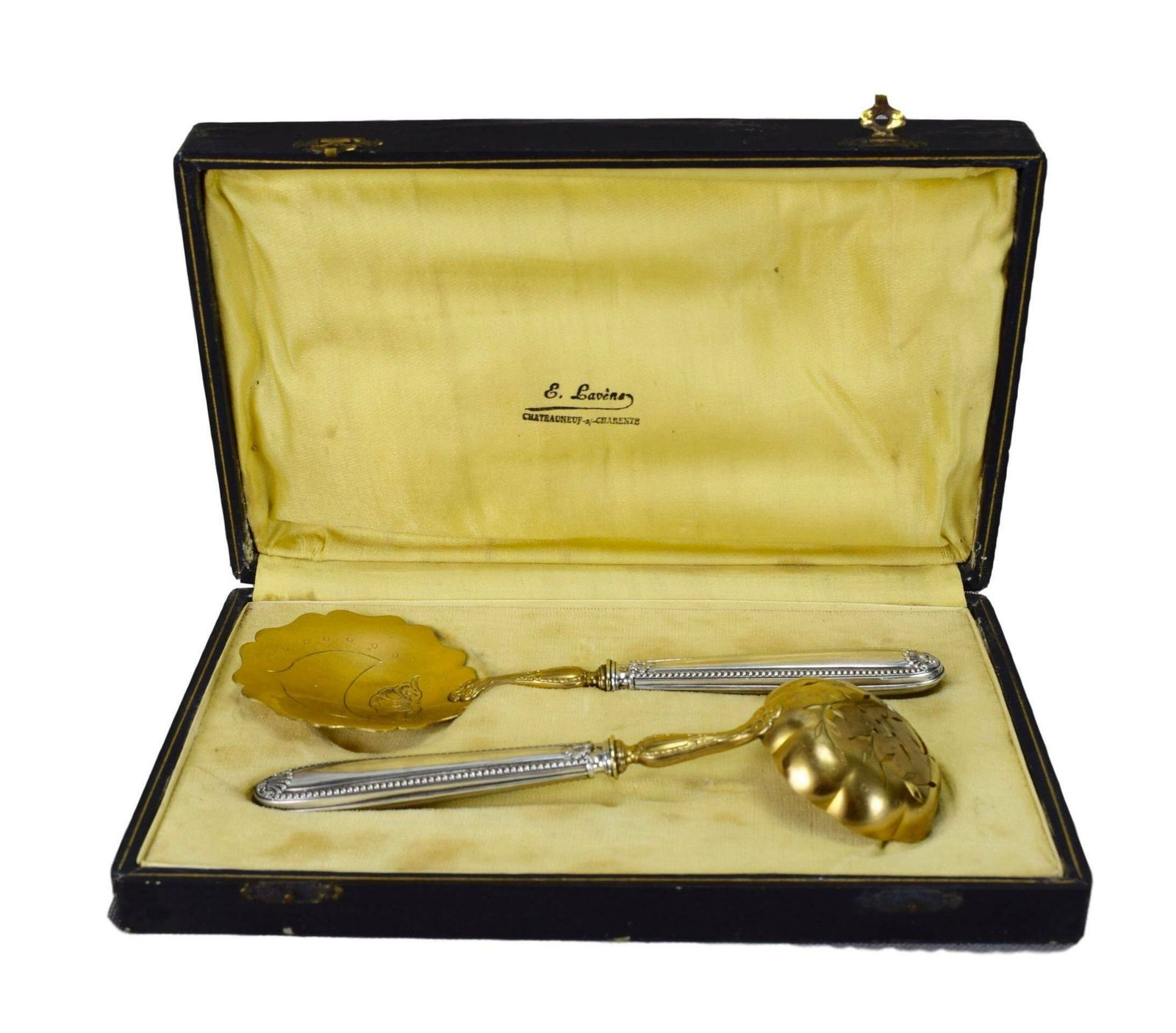 Antique French Sterling Silver Strawberry Dessert Serving Set In Original Case, French Antique Flatware, Luncheon Silverware