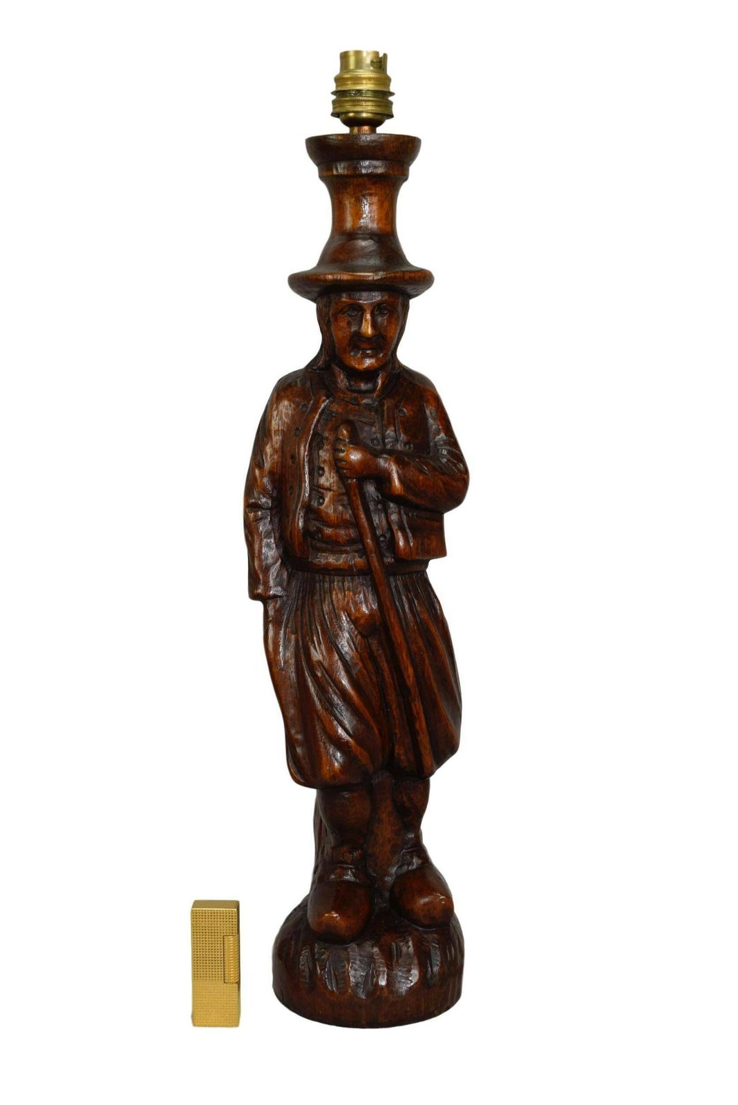Antique French Large Breton Man Figure Hand Carved Wood Lamp   French Rustic Wooden Lamp Foot   Desk Lamp   French Rustic Farm