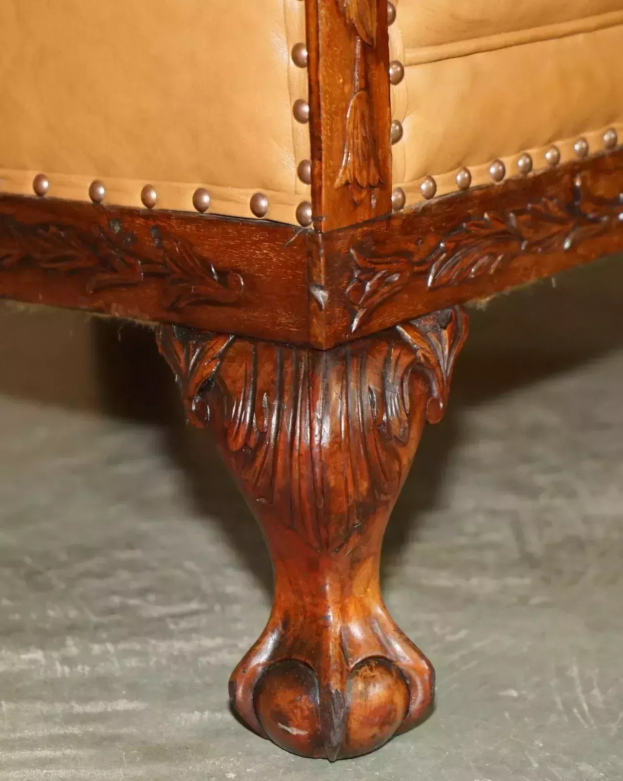 Fine Pair Of Restored Victorian Claw & Ball Feet Cognac Brown Leather Armchairs photo vintage
