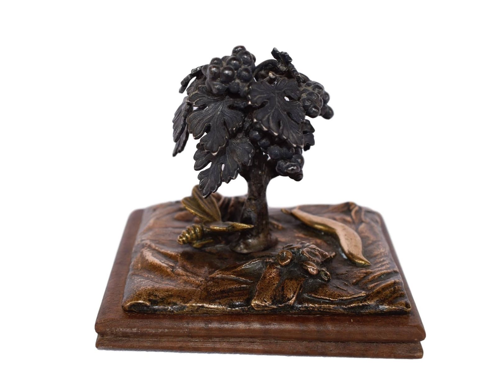 French Antique Bronze & Wood Paperweight   Vine Stock Bee Wine Cellar Decoration   Shabby Chic Romantic Home   Vienna Bronze Style photo for sale