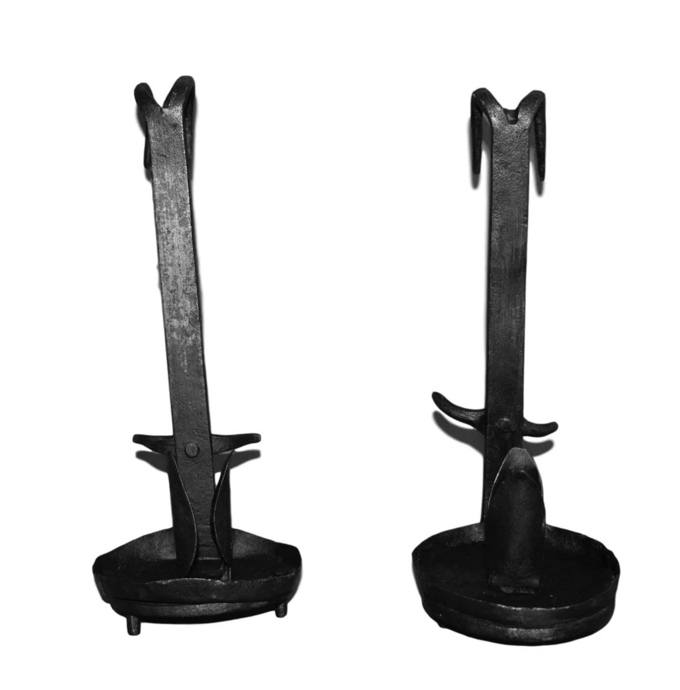 French Pair Of Gothic Riveted Wrought Iron Candle Holders   Arts & Crafts Floor Standing Candlesticks Or To Suspend Lantern Candlestick