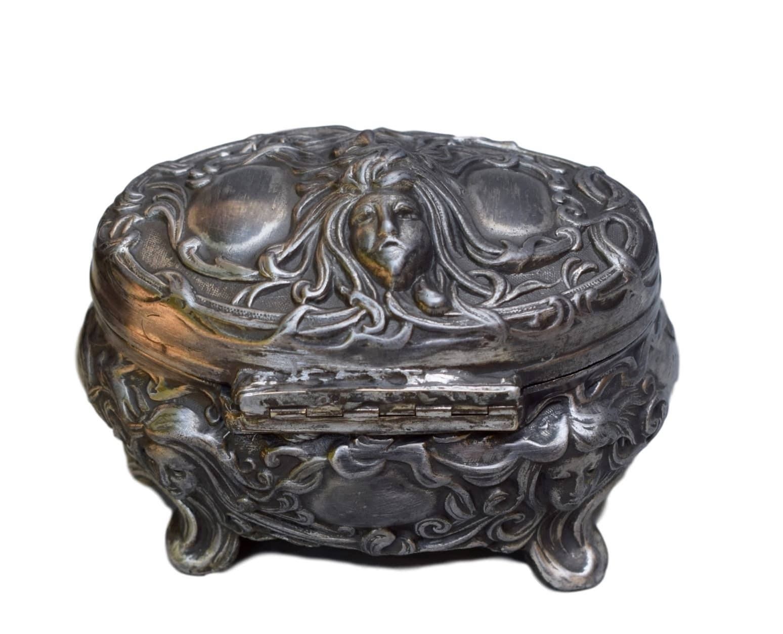 French Antique Art Nouveau Silver Casket Box   Woman Faces Box   Wmf Style Jewelry Case   Ornate Lidded Box photo Home Decor
