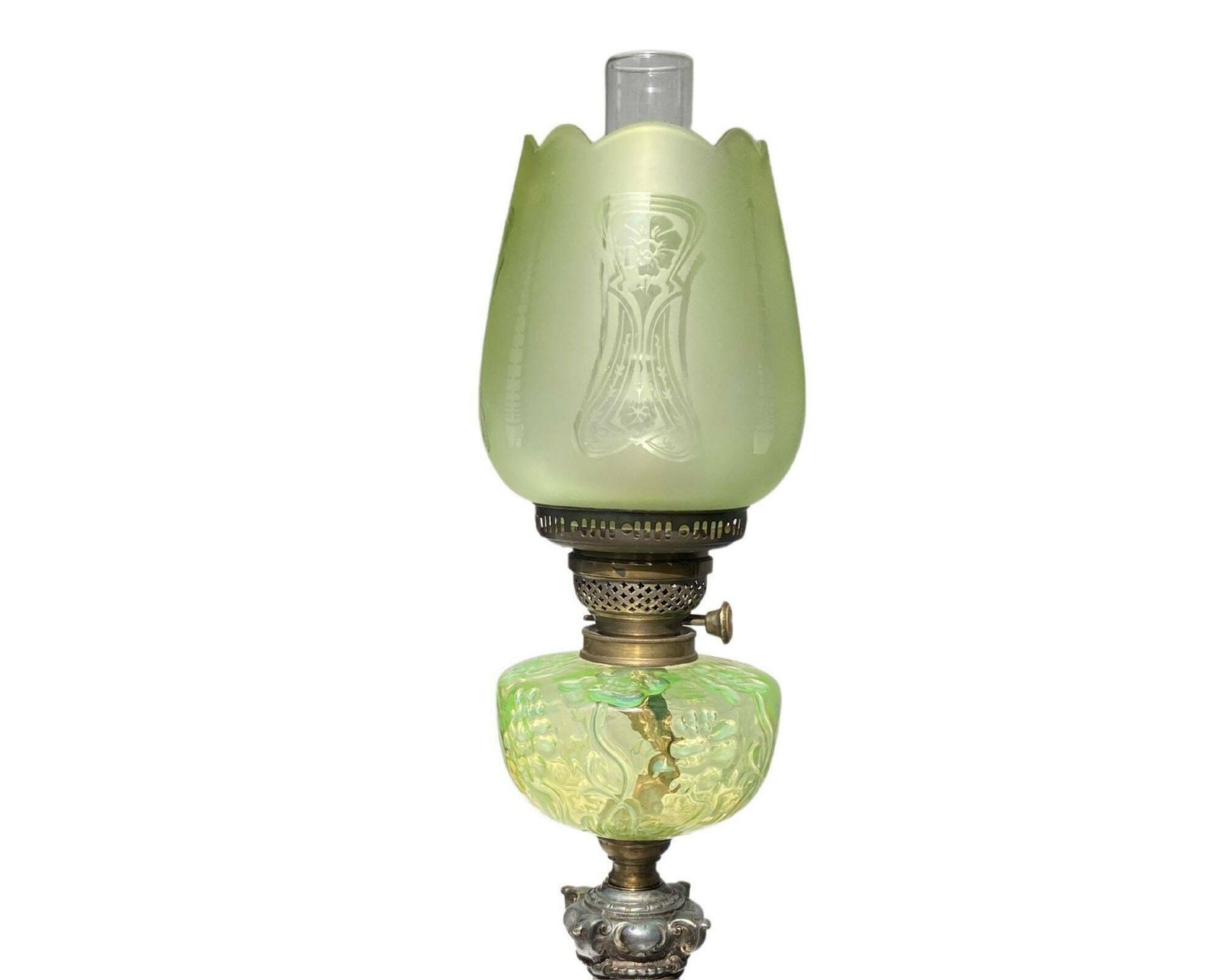 Art Nouveau Oil Lamp | 1pcs | Antique Crystal Marble Lamp | Lime Green  | Approx. 1890 photo Lighting