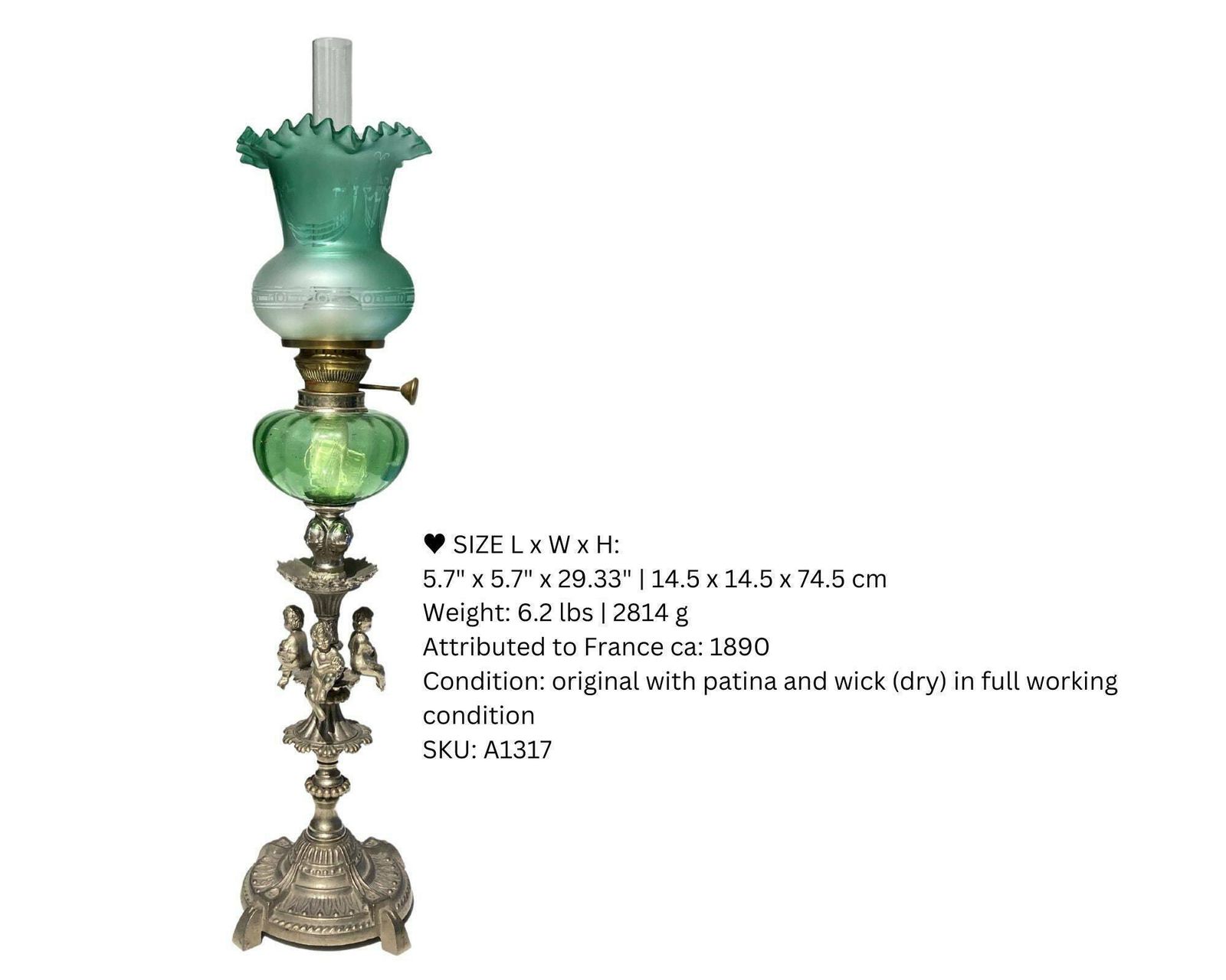 Art Nouveau Oil Lamp | 1pcs | Antique Crystal Marble Lamp | Lime Green  | Approx. 1890 photo vintage