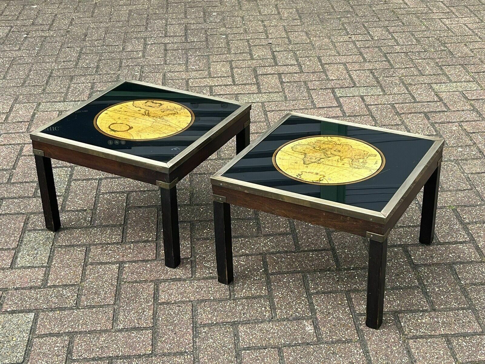 475.0 Pair Of Military Style Brass Bound Map Coffee Tables, Lamp Tables, Side Tables photo