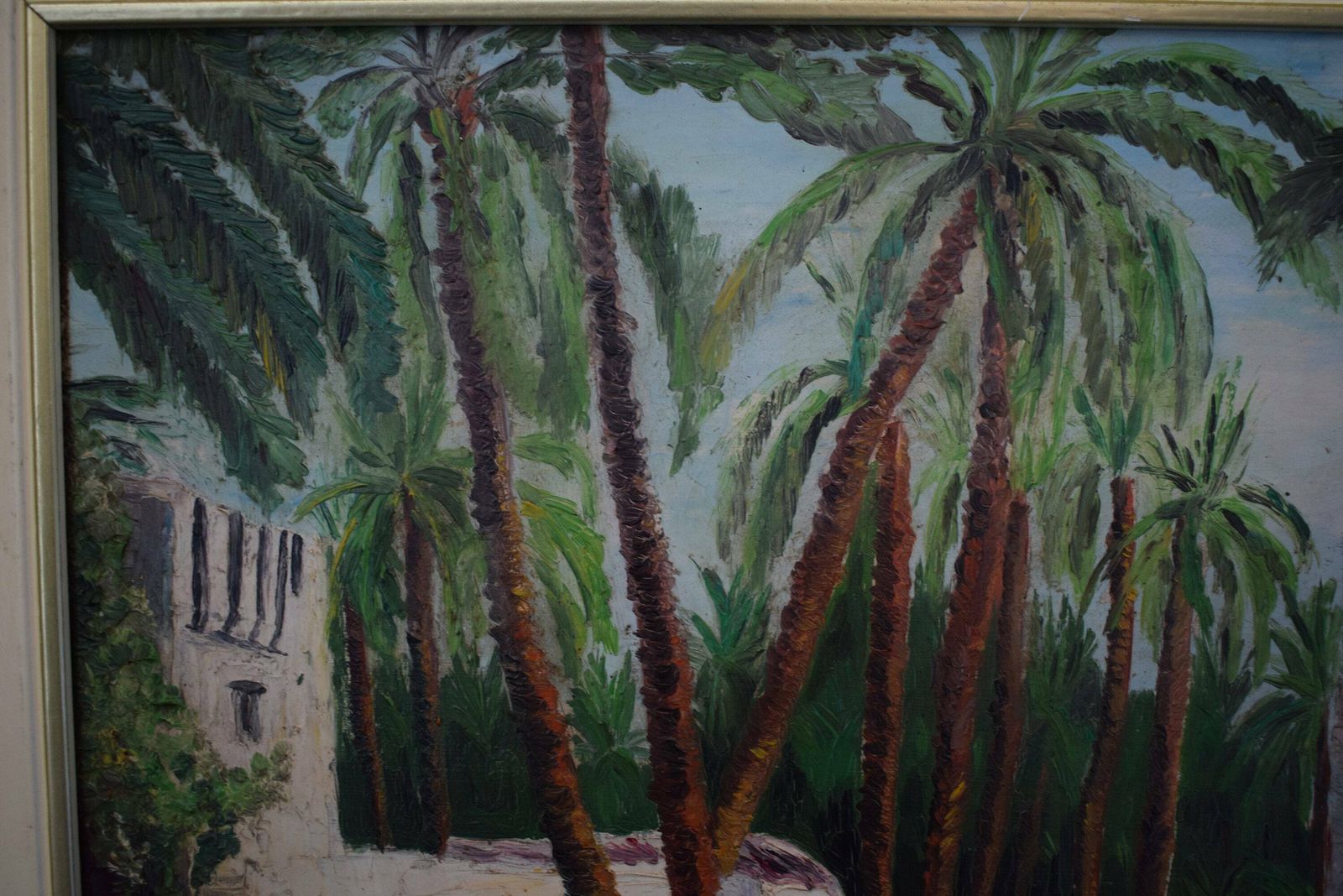 French Orientalist Oil Painting On Panel Signed Langlois, Maghreb Oasis Painting photo for sale