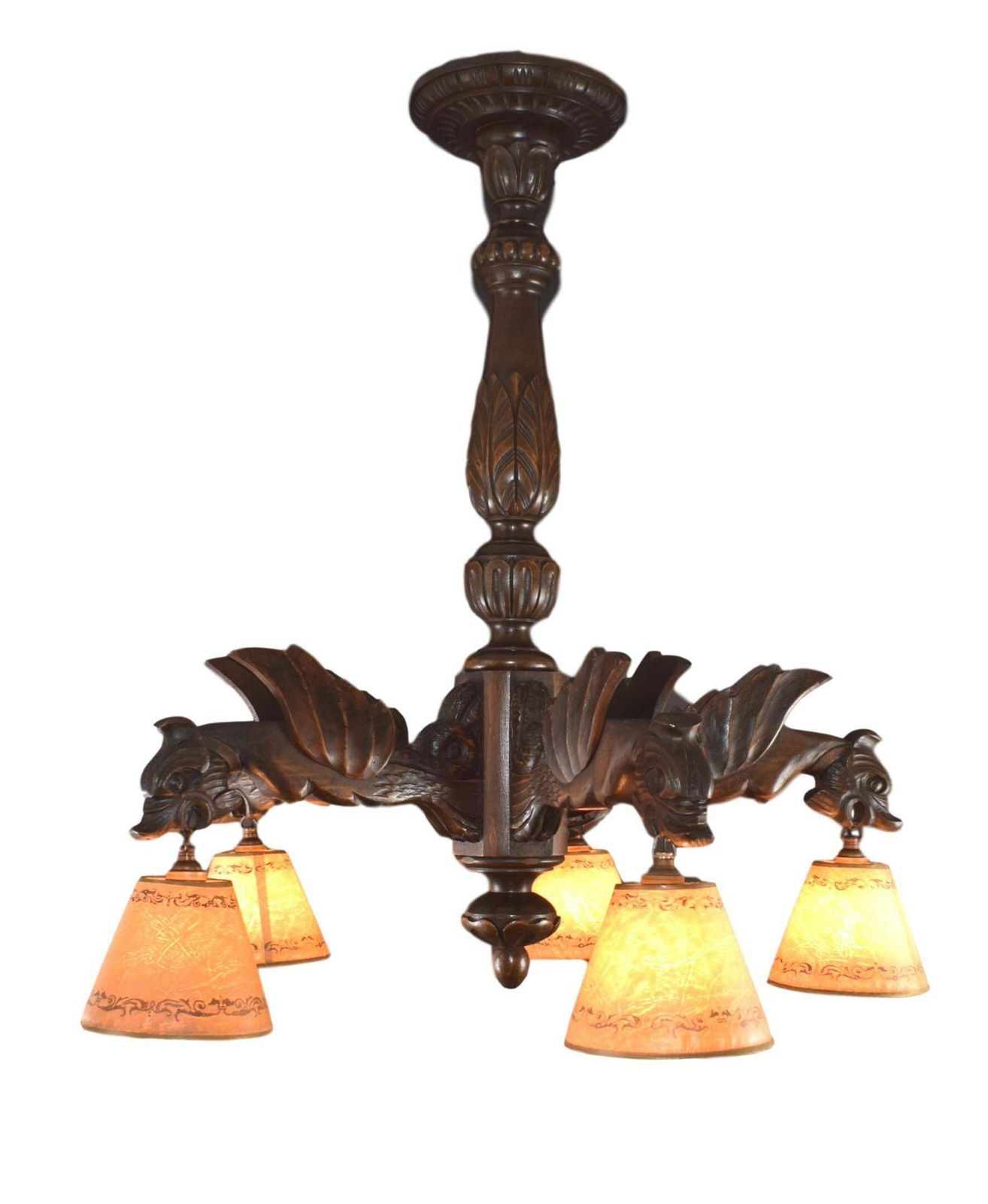 French Antique Victorian Hand Carved Wood Large Chandelier Chimera 5 Lights