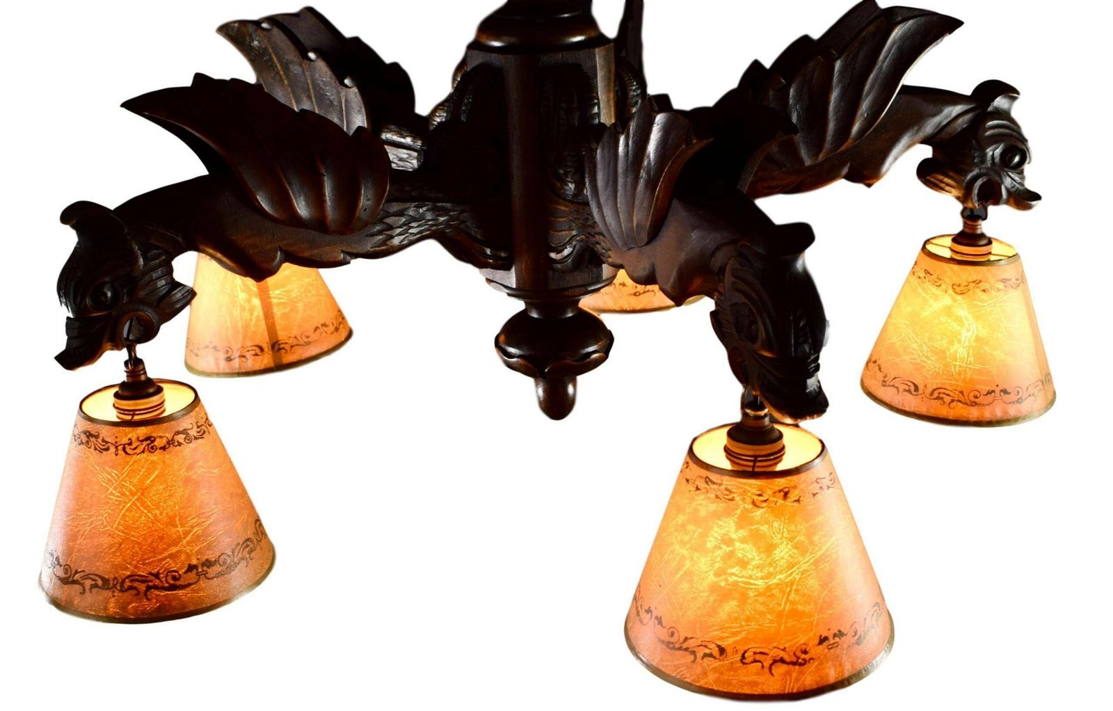 French Antique Victorian Hand Carved Wood Large Chandelier Chimera 5 Lights photo furniture