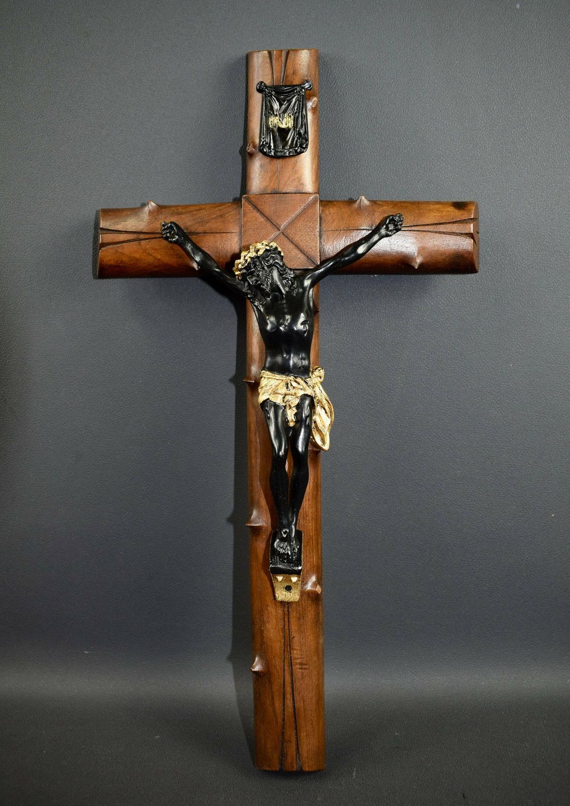 Large French Antique Hand Carved Wood Wall Cross Crucifix 19th photo furniture