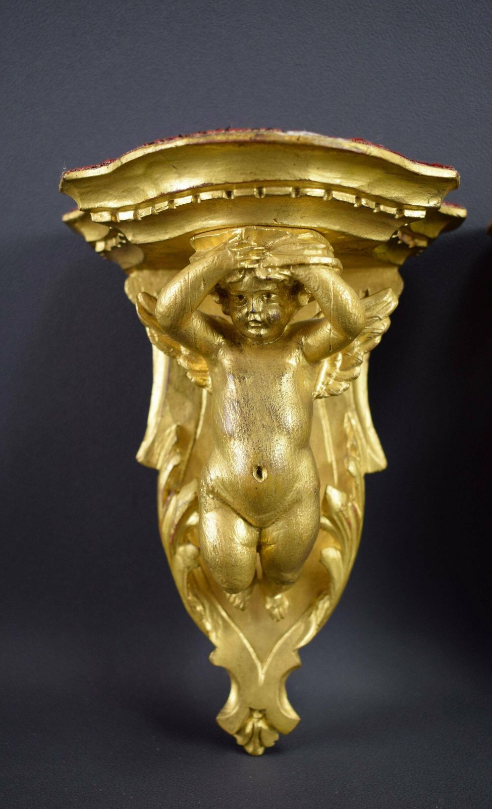 Antique French Pair Of Consoles Hand Carved Wood Angels Putto photo for sale
