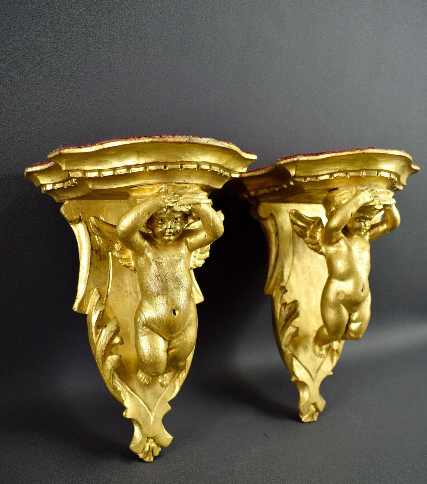 Antique French Pair Of Consoles Hand Carved Wood Angels Putto photo Art